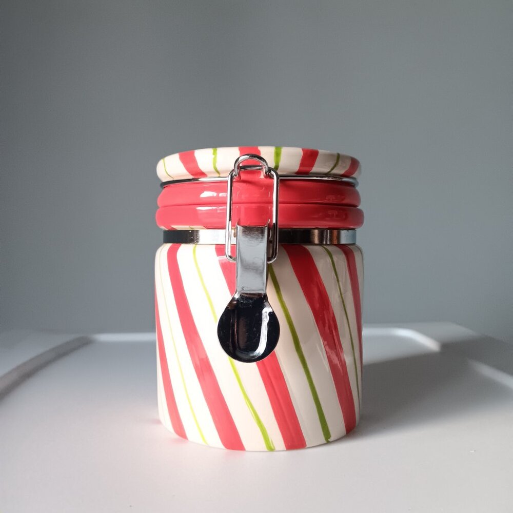 Candy Cane Stripe Christmas Food Storage Ceramic Canister with Airtight Lid 4" H